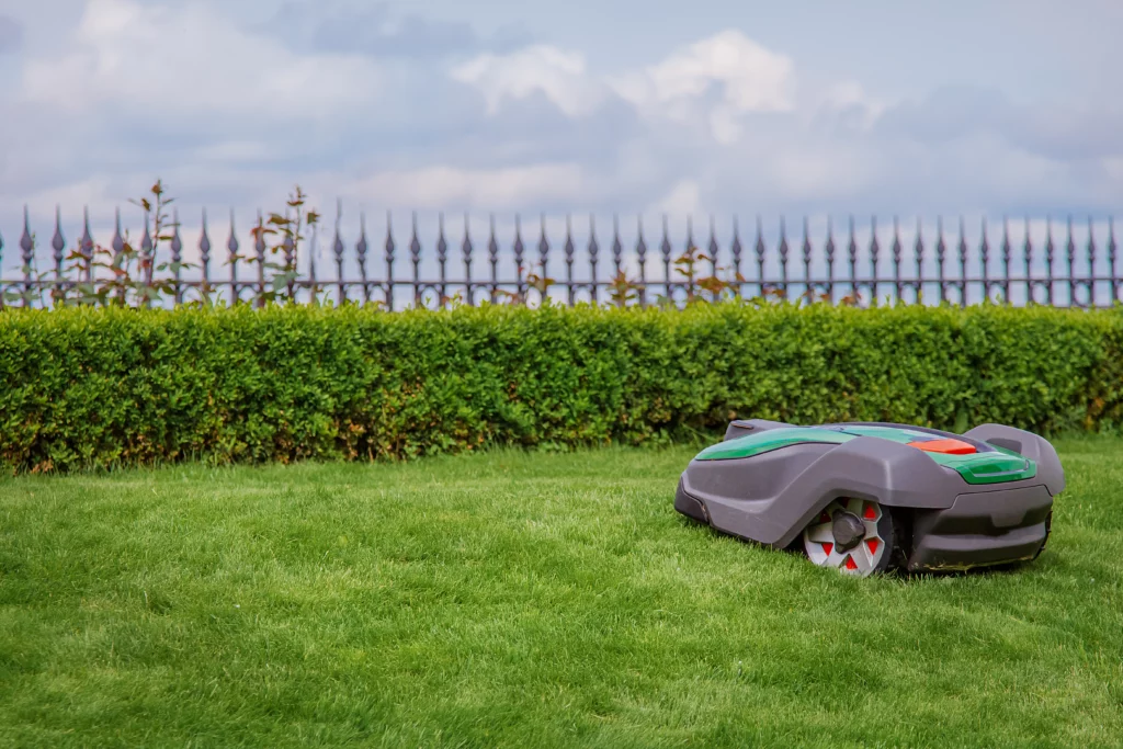 Robotic Lawn Mower On Grass Side View Garden Modern Remote